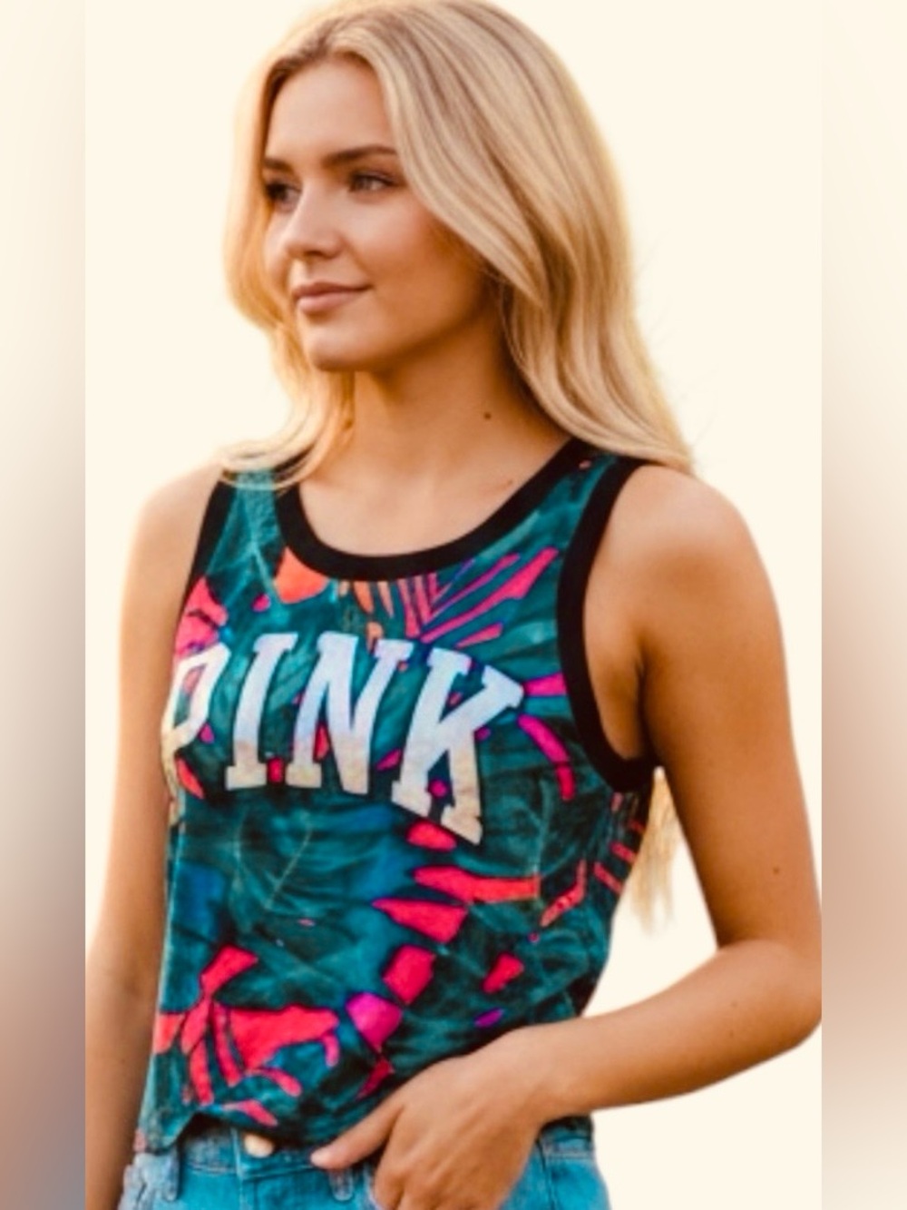 VS Pink Tropical Cropped Tank with Silver Foil Logo